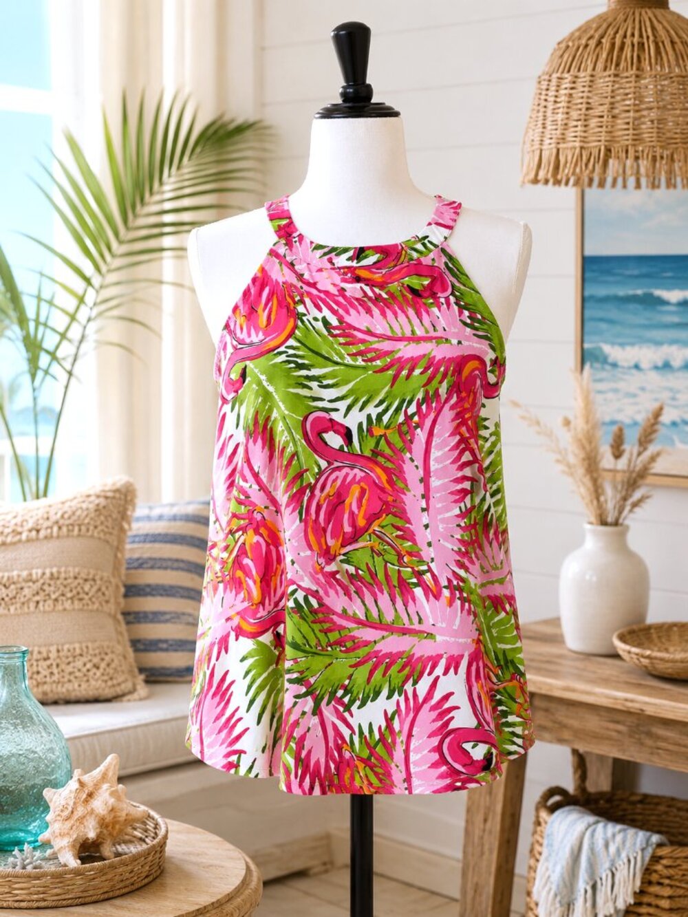 Buckhead Betties Flamingo Palm Print Sleeveless Tropical Resort Tank Top Size M